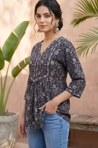 Black  pure cotton printed tunic for women