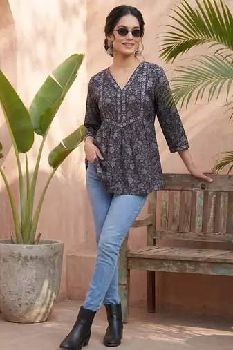 Black  pure cotton printed tunic for women