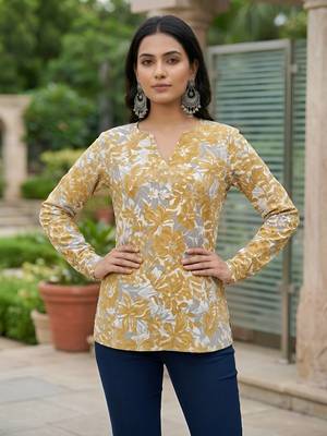 Yellow  pure cotton printed tunic for women 1