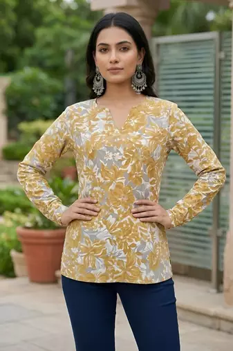 Yellow  pure cotton printed tunic for women