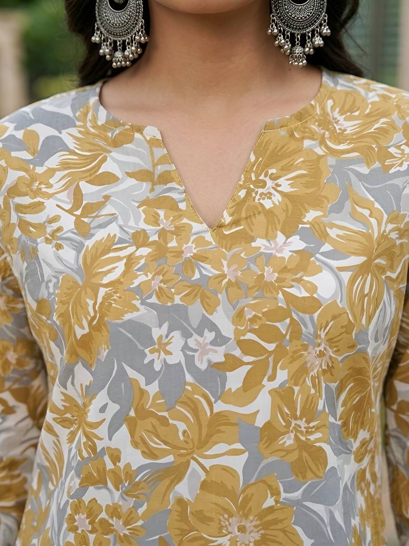Yellow  pure cotton printed tunic for women