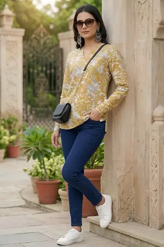 Yellow  pure cotton printed tunic for women