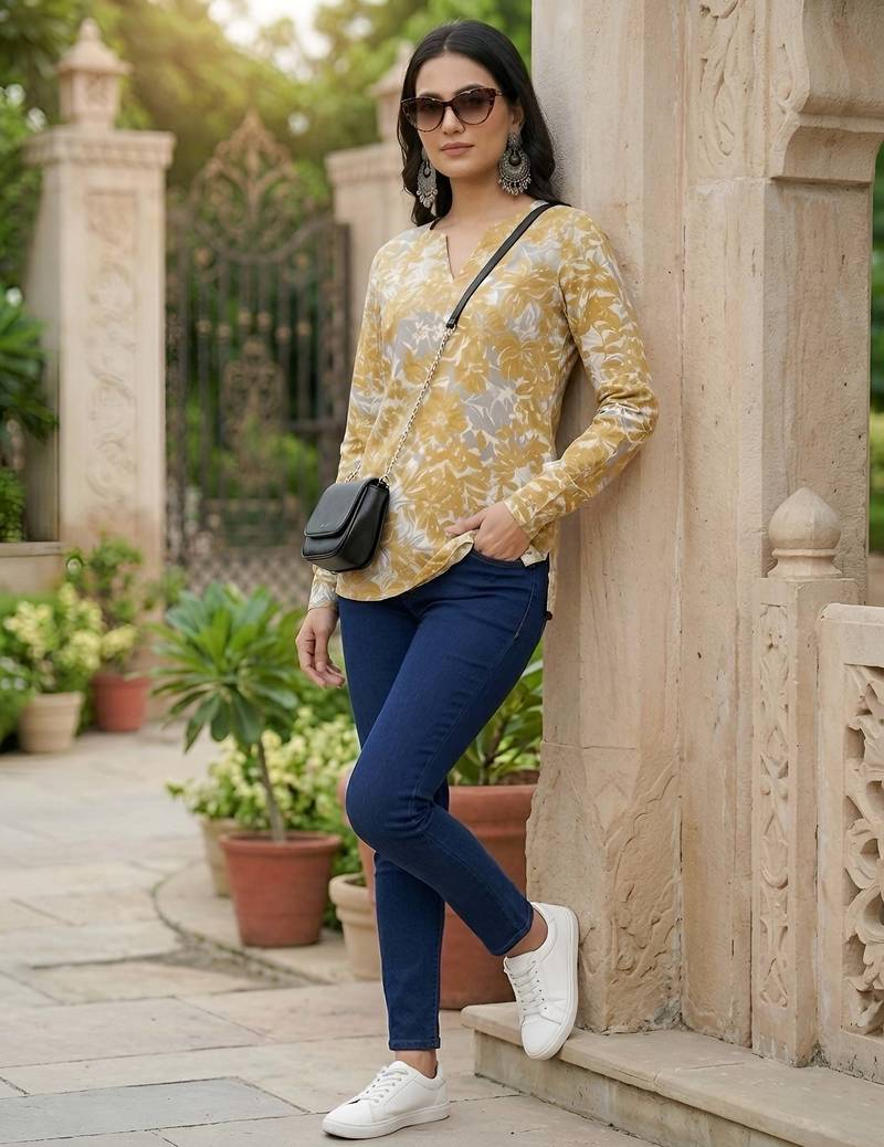 Yellow  pure cotton printed tunic for women