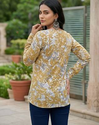 Yellow  pure cotton printed tunic for women 4
