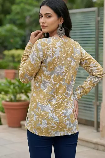 Yellow  pure cotton printed tunic for women