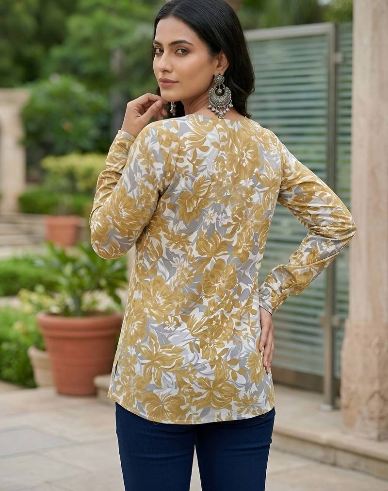 Yellow  pure cotton printed tunic for women