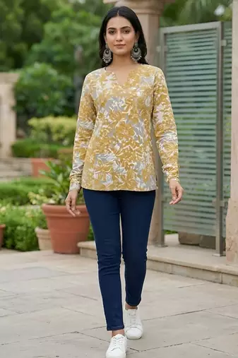 Yellow  pure cotton printed tunic for women