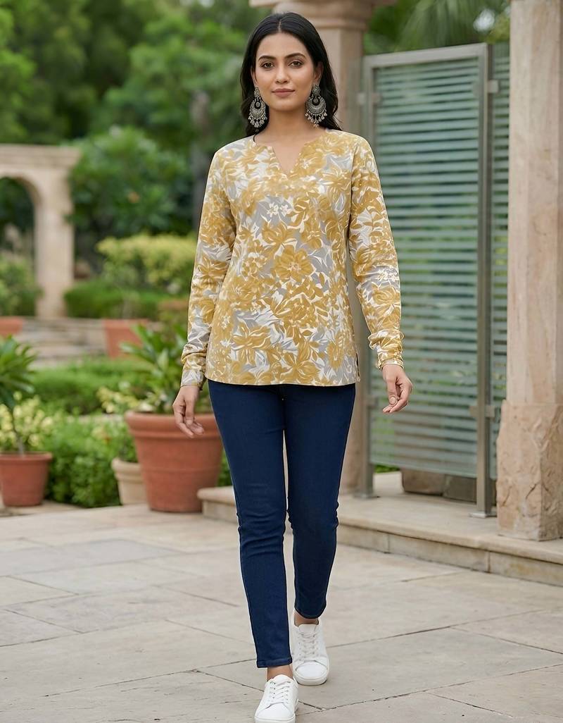 Yellow  pure cotton printed tunic for women