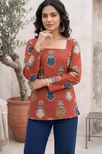 Maroon  pure cotton printed tunic for women