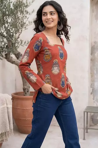 Maroon  pure cotton printed tunic for women