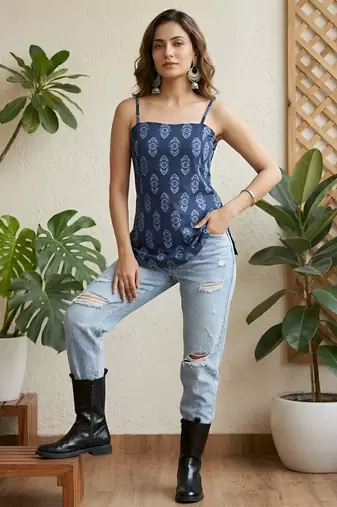 Blue  pure cotton printed tunic for women