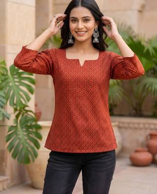 Red  pure cotton printed tunic for women 1