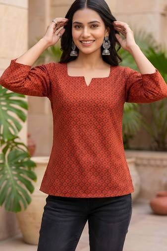 Red  pure cotton printed tunic for women
