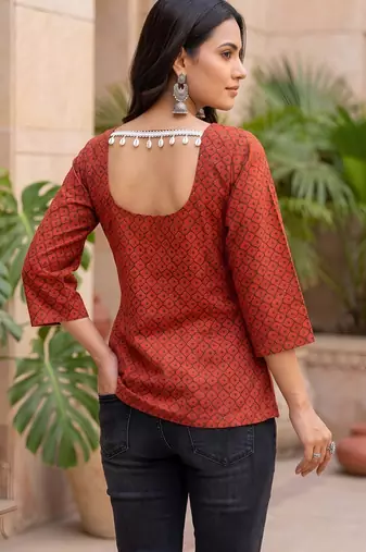 Red  pure cotton printed tunic for women