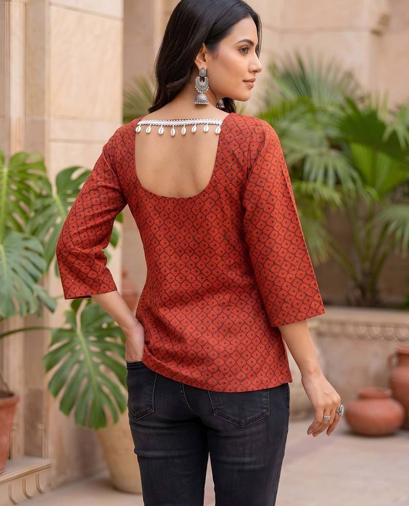 Red  pure cotton printed tunic for women