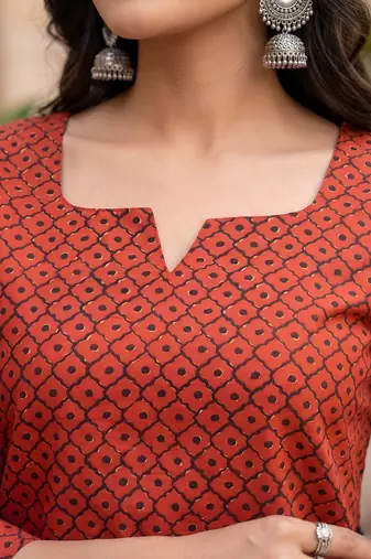 Red  pure cotton printed tunic for women