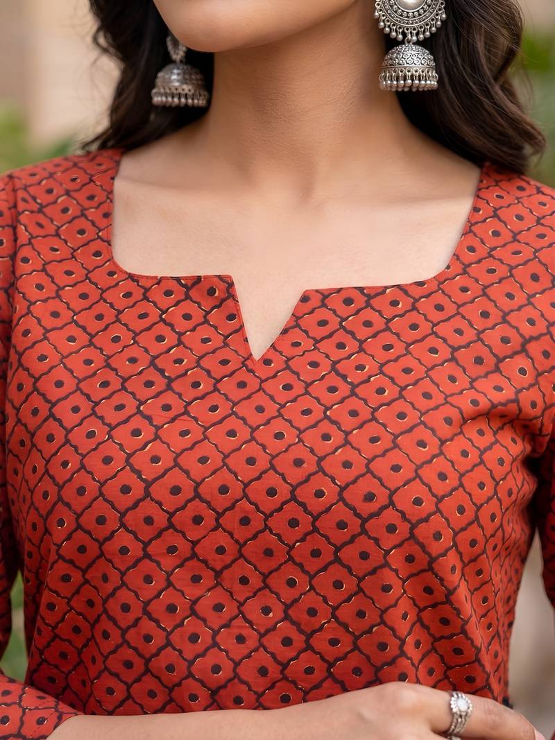 Red  pure cotton printed tunic for women
