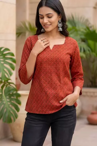 Red  pure cotton printed tunic for women