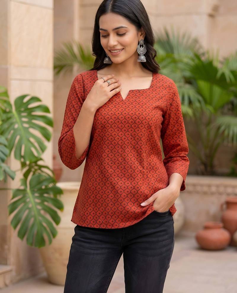 Red  pure cotton printed tunic for women