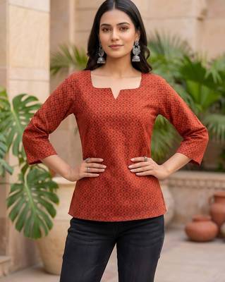Red  pure cotton printed tunic for women 5