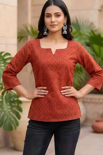 Red  pure cotton printed tunic for women