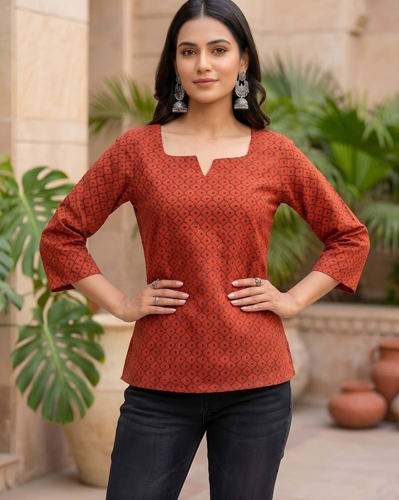 Red  pure cotton printed tunic for women