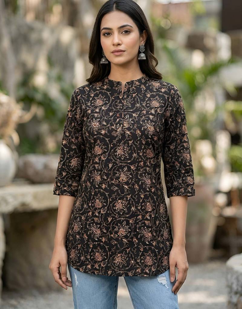 Black  pure cotton printed tunic for women