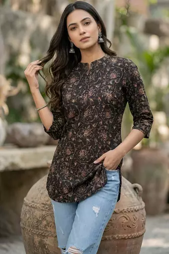 Black  pure cotton printed tunic for women