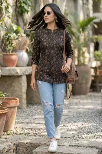 Black  pure cotton printed tunic for women