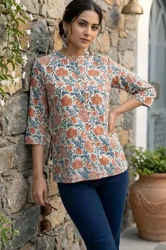White  pure cotton printed tunic for women