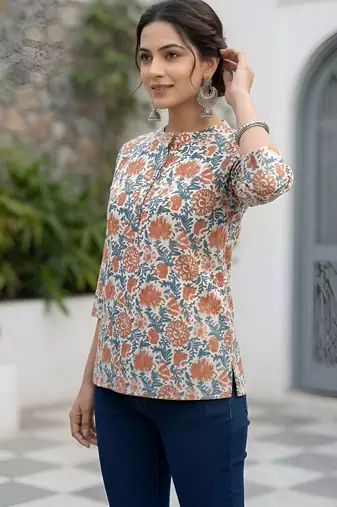 White  pure cotton printed tunic for women