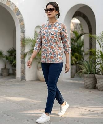 White  pure cotton printed tunic for women 5
