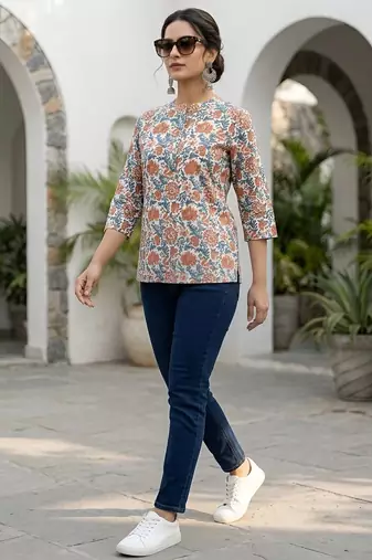 White  pure cotton printed tunic for women