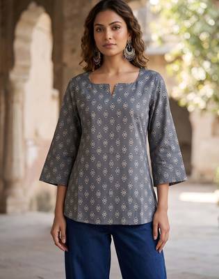 Grey  pure cotton printed tunic for women 1