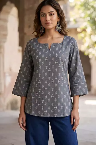 Grey  pure cotton printed tunic for women