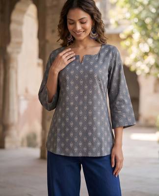 Grey  pure cotton printed tunic for women 3