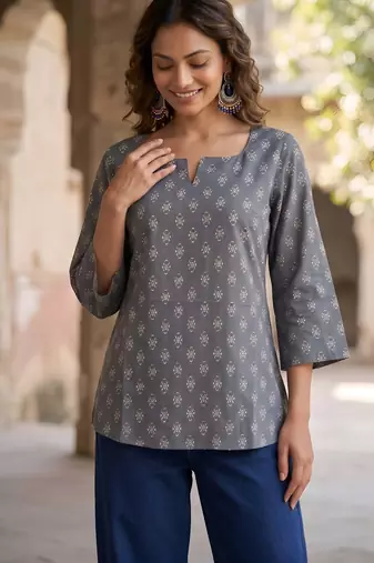 Grey  pure cotton printed tunic for women