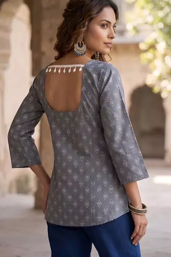 Grey  pure cotton printed tunic for women
