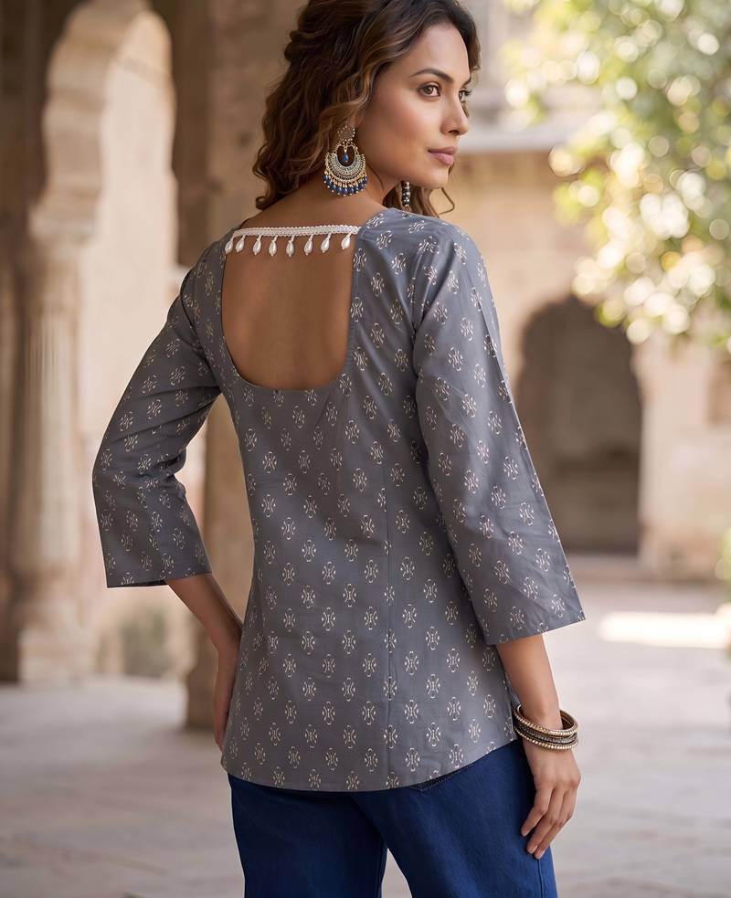 Grey  pure cotton printed tunic for women