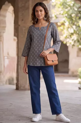 Grey  pure cotton printed tunic for women