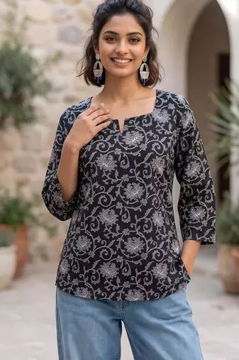 Black  pure cotton printed tunic for women