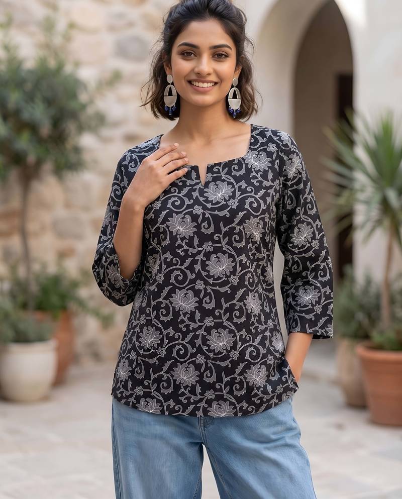 Black  pure cotton printed tunic for women