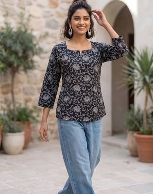 Black  pure cotton printed tunic for women 3