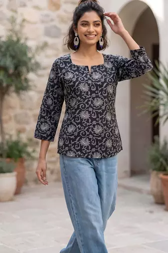 Black  pure cotton printed tunic for women