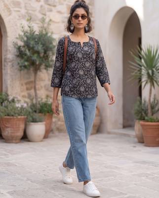 Black  pure cotton printed tunic for women 5