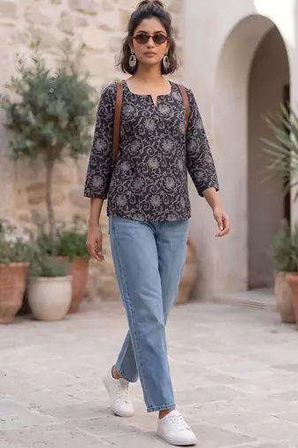 Black  pure cotton printed tunic for women