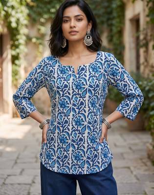 Blue  pure cotton printed tunic for women 1