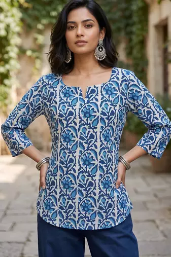 Blue  pure cotton printed tunic for women