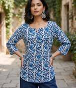 Blue  pure cotton printed tunic for women