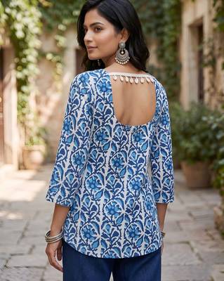 Blue  pure cotton printed tunic for women 2